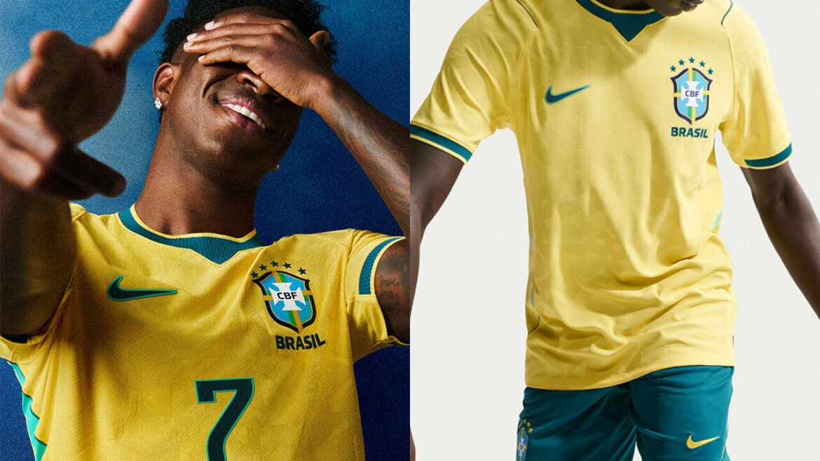 Jogador vestindo camisa Brasil 2026 Nike amarela