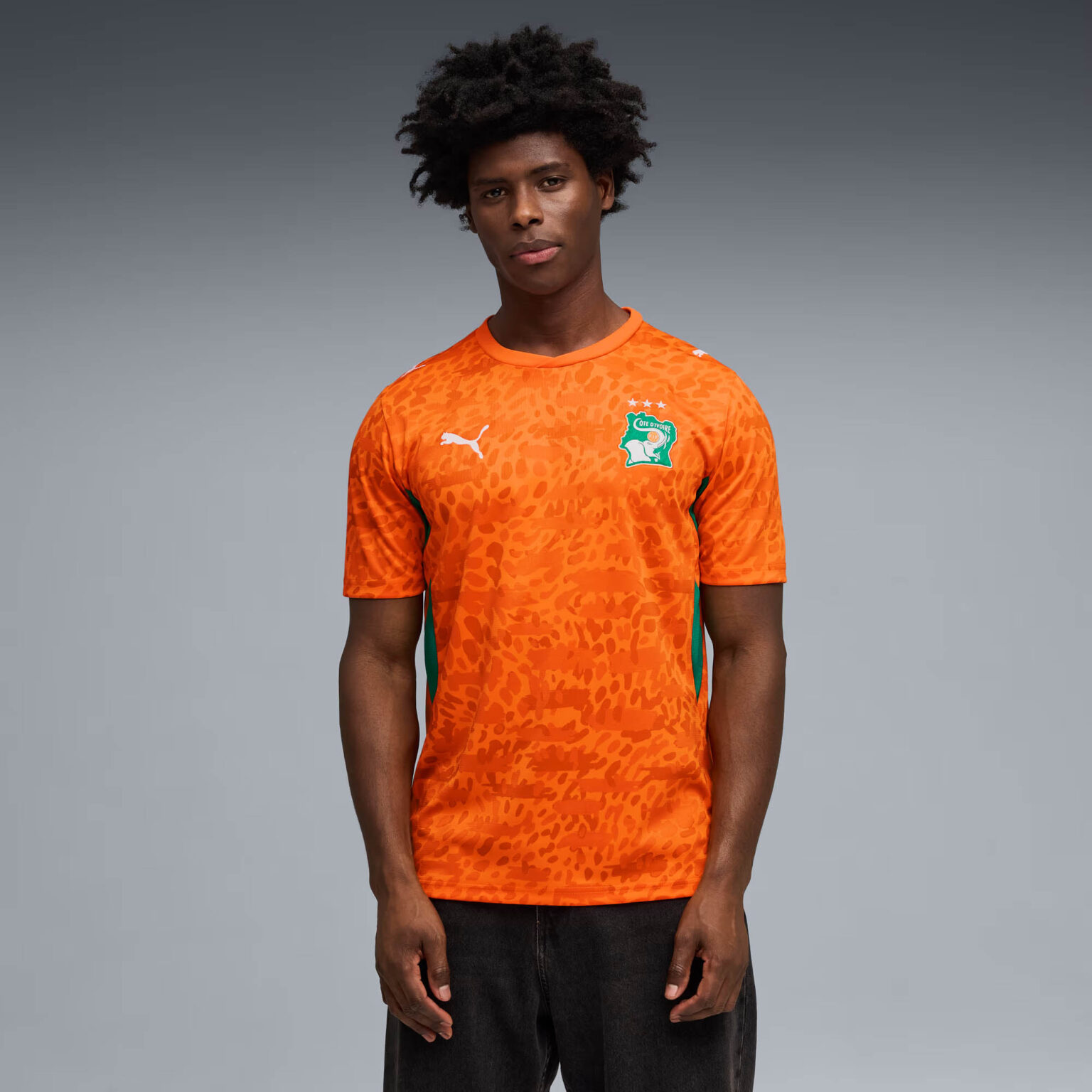 camisa costa do marfim 2026 laranja puma home detalhes laterais verdes padrao grafico pele elefante felino puma branco escudo marfim uniforme selecao costa do marfim copa 2026 jogadores zaha kessie haller pepe sangare