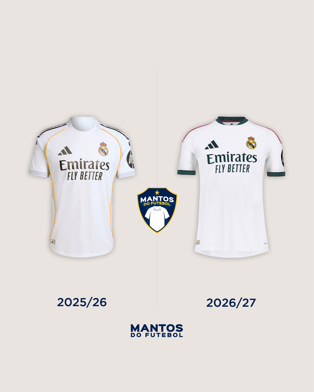 Camisa titular do Real Madrid 2026-2027 adidas Antes e Depois