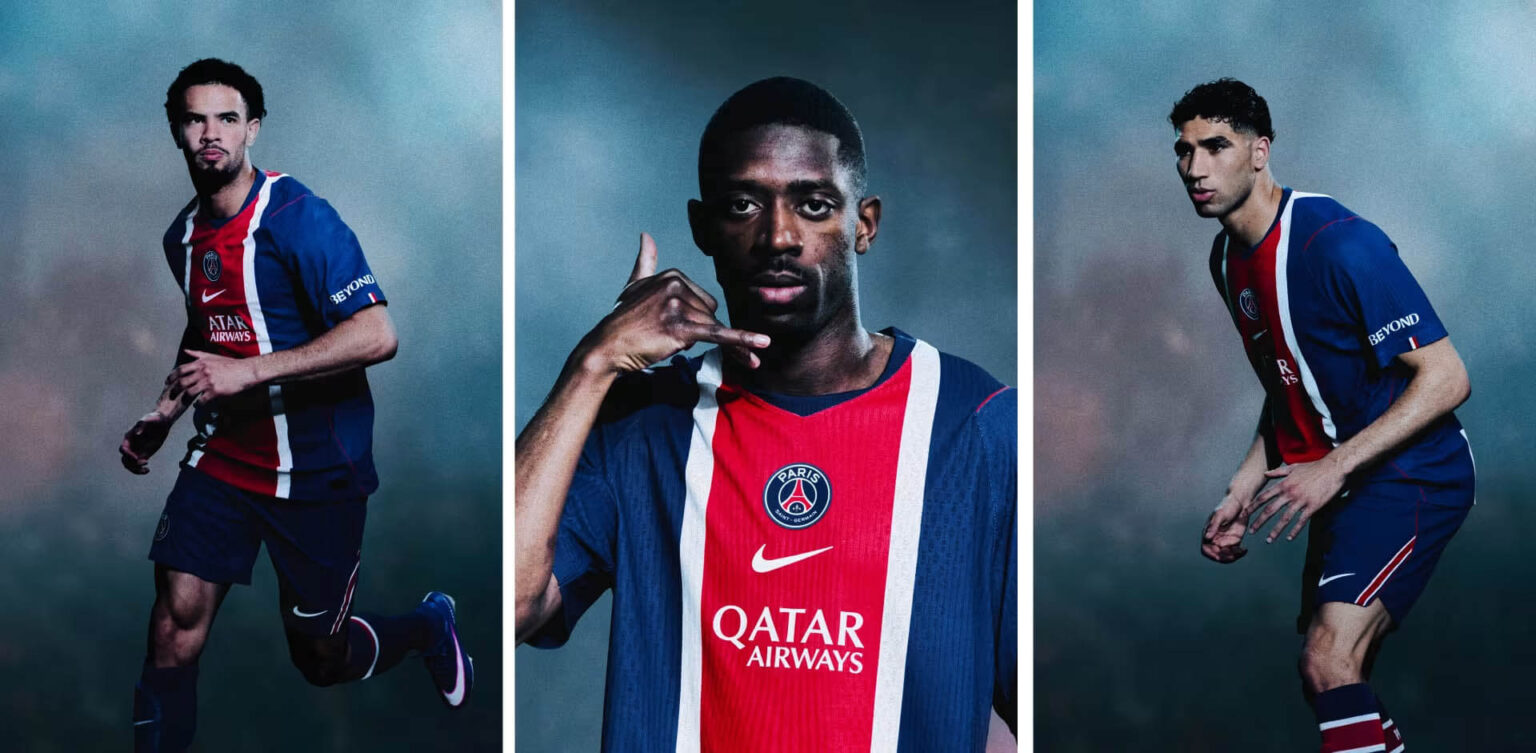 Visão completa do modelo vestindo a Camisa PSG I 2026/27 Torcedor Azul Uniforme 1