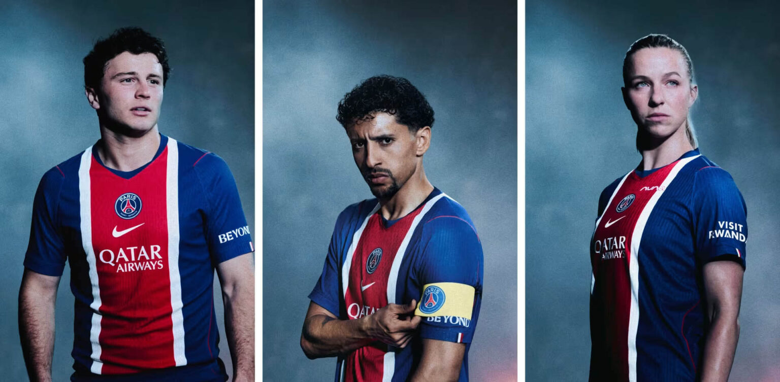 Detalhe frontal com escudo e tecnologia da Nova Camisa do Paris Saint-Germain 2026 Azul Titular Nike