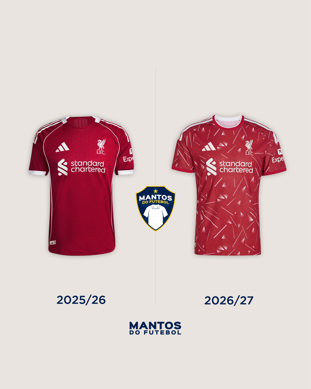 Camisa titular do Liverpool FC 2026-2027 adidas Antes e Depois