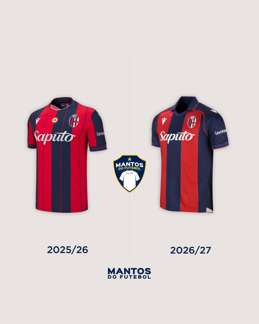 Camisa titular do Bologna FC 2026-2027 Macron Antes e Depois