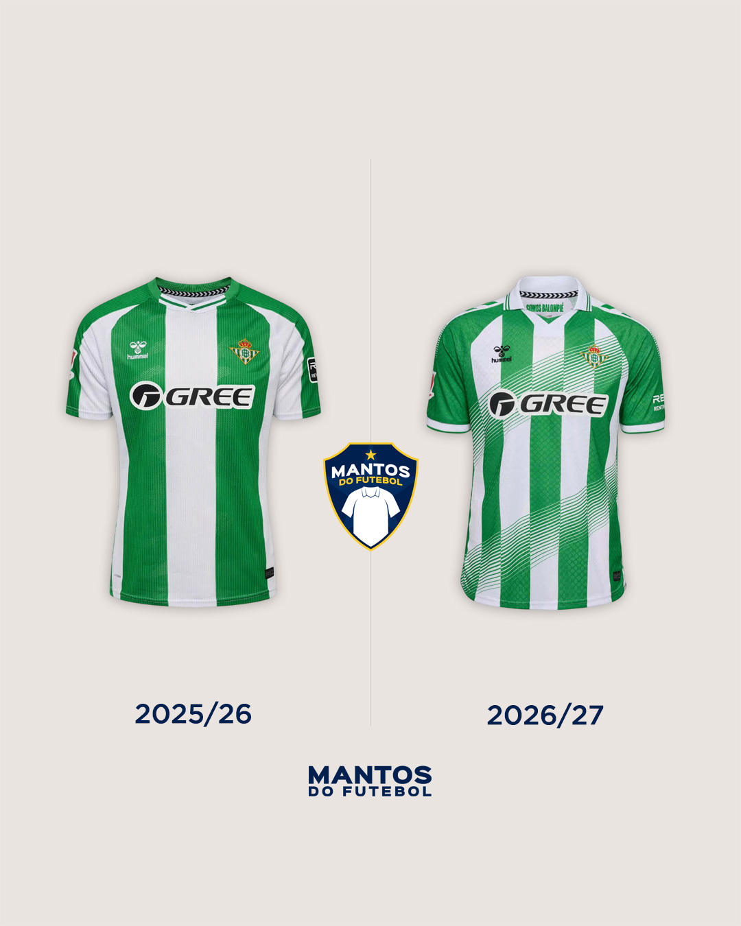 Camisa titular do Real Betis 2026-2027 Hummel Antes e Depois