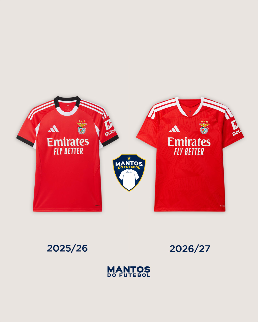 Camisa titular do Benfica 2026-2027 adidas Antes e Depois