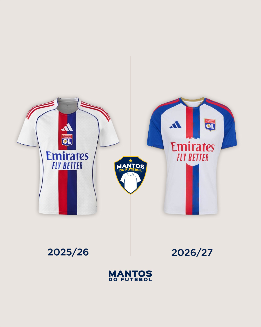 Camisa titular do Olympique de Lyon 2026-2027 adidas Antes e Depois