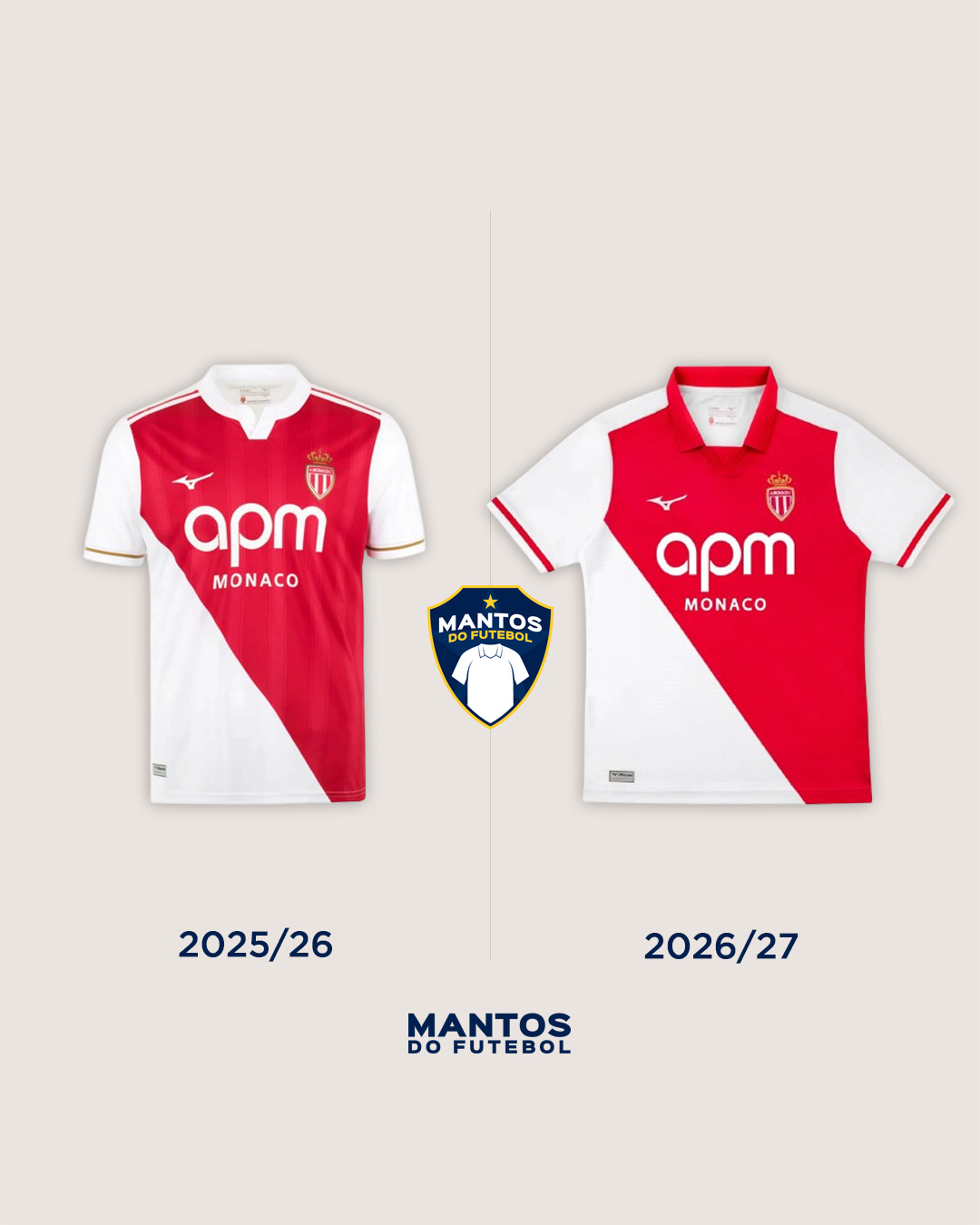 Camisa titular do AS Monaco 2026-2027 Mizuno Antes e Depois