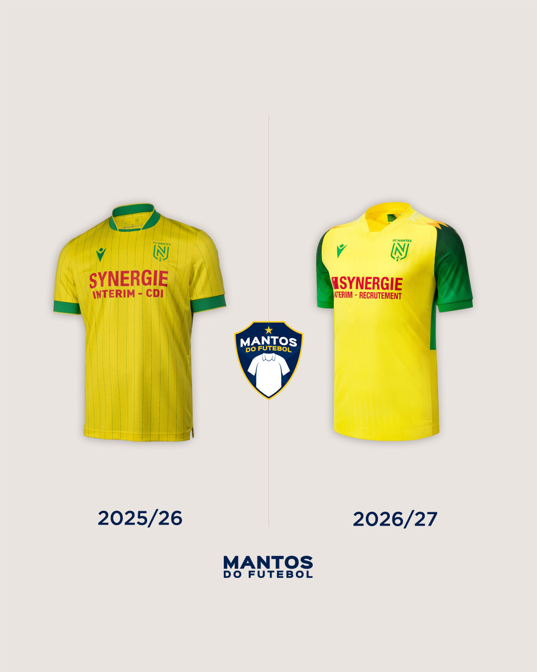 Camisa titular do FC Nantes 2026-2027 Macron Antes e Depois