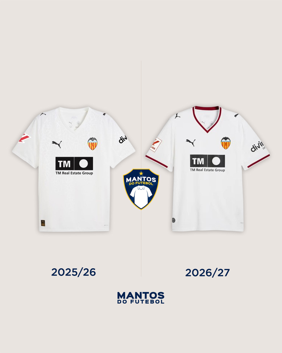 Camisa titular do Valencia CF 2026-2027 PUMA ANtes e Depois