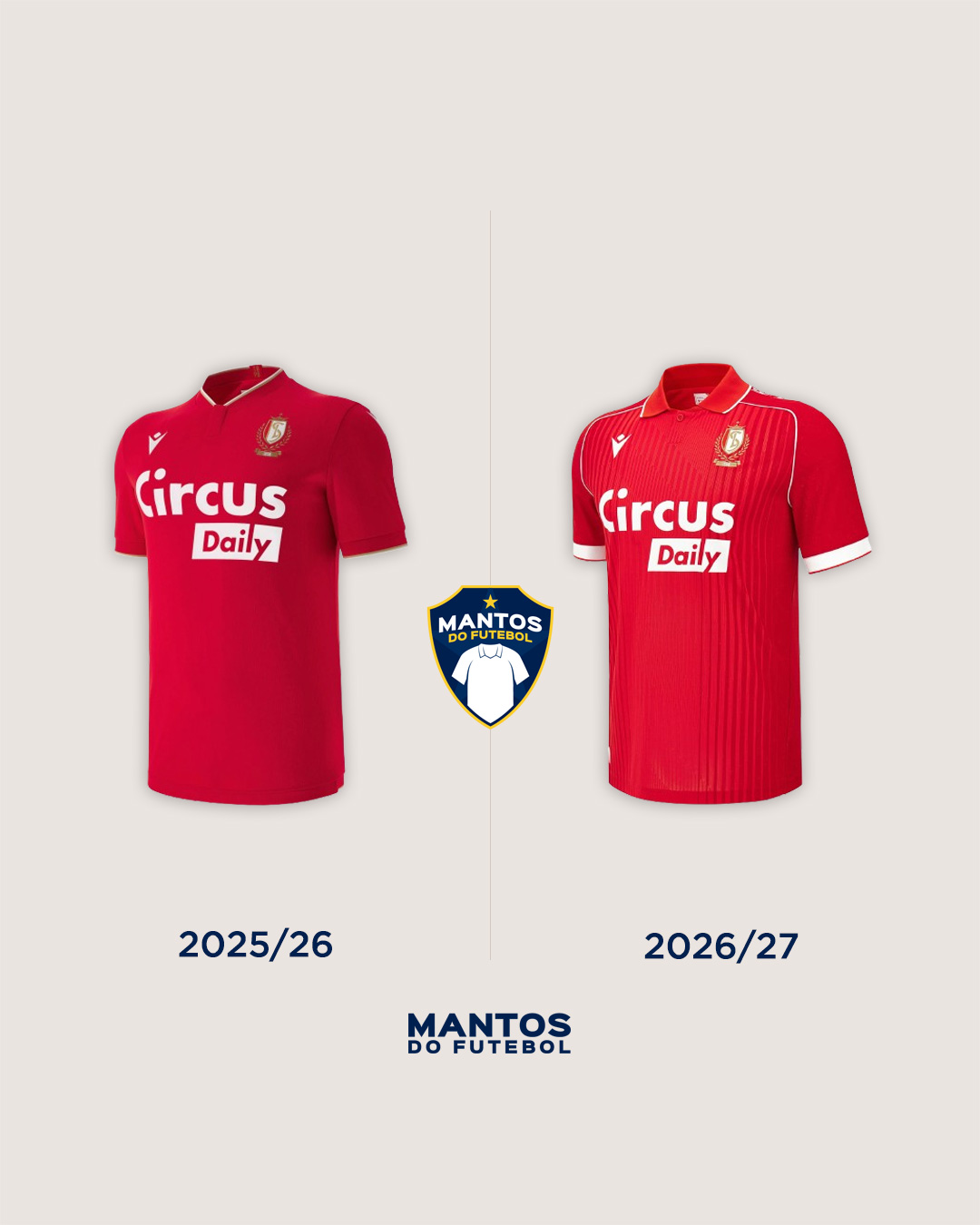 Camisa titular do Standard Liège 2026-2027 Macron Antes e Depois