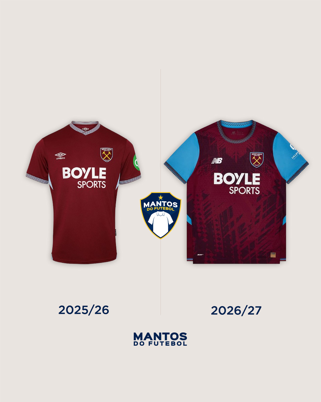 Camisa titular do West Ham 2026-2027 New Balance Antes e Depois