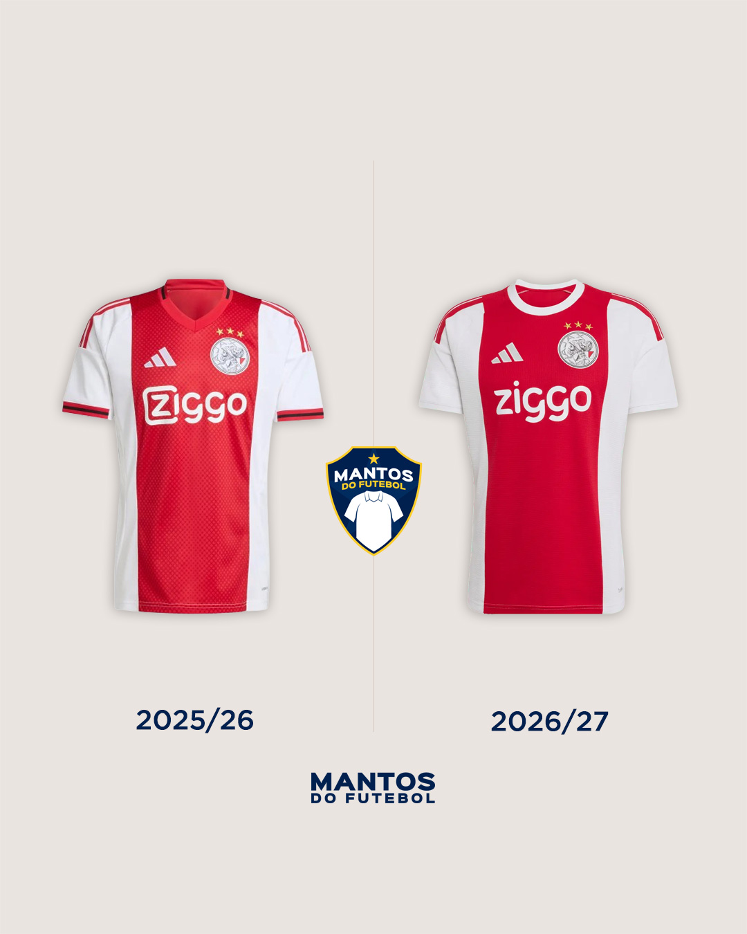 Camisa titular do Ajax 2026-2027 adidas Antes e Depois
