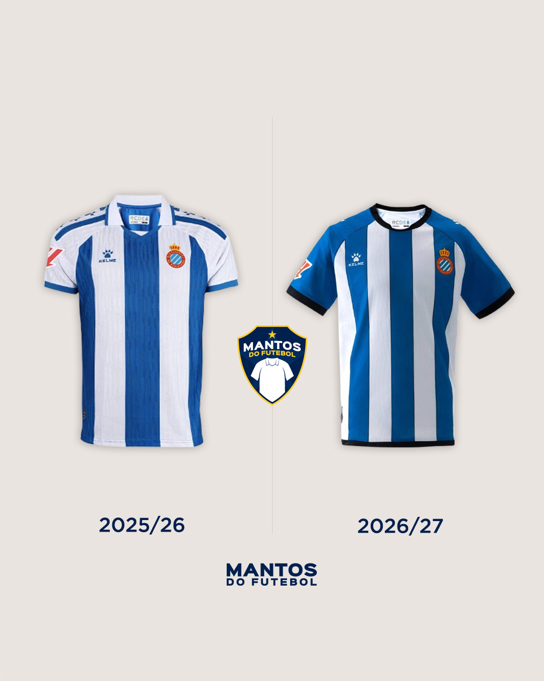 Camisa titular do Espanyol 2026-2027 Kelme Antes x Depois