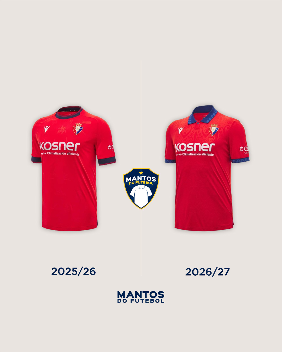 Camisa titular do Osasuna 2026-2027 Macron Antes x Depois