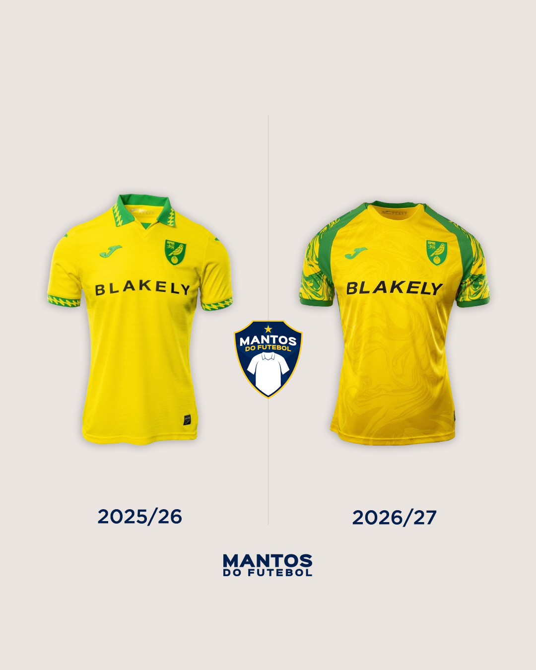 Camisa titular do Norwich City 2026-2027 JOMA ANtes x Depois