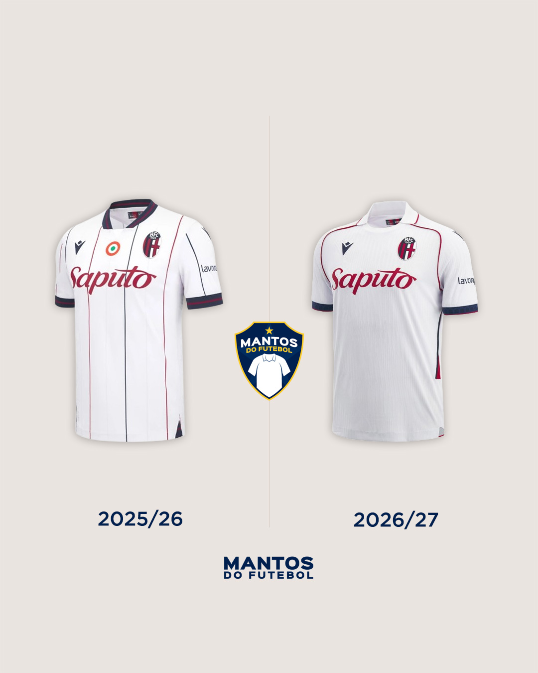 Camisa reserva do Bologna 2026-2027 Macron Antes x Depois