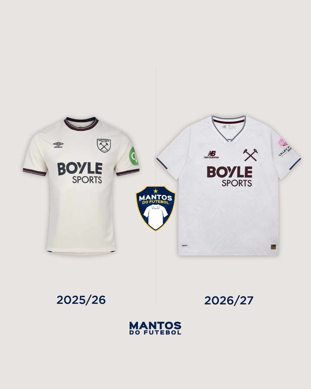 Camisa reserva do West Ham 2026-2027 New Balance Antes x Depois