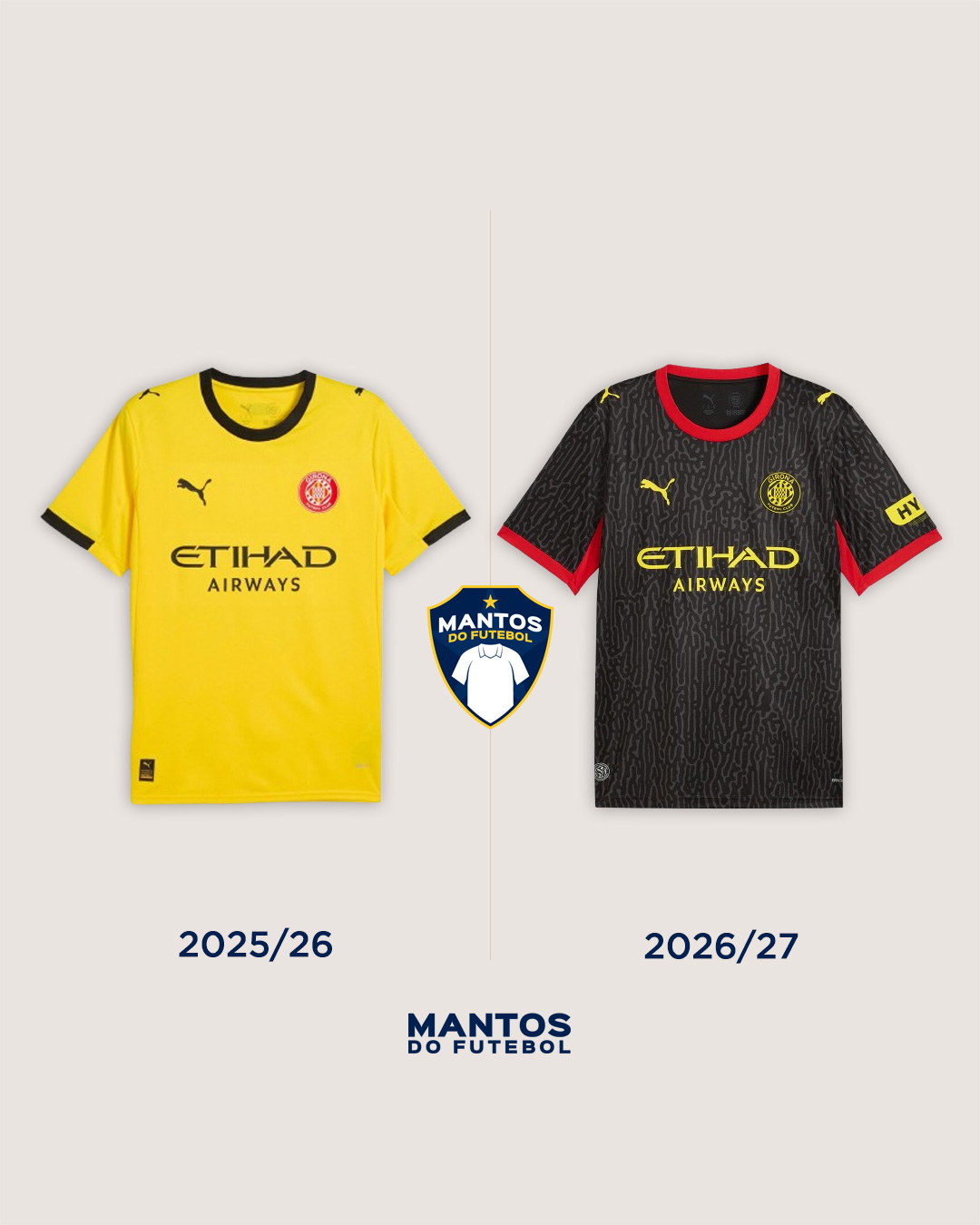Camisa reserva do Girona FC 2026-2027 PUMA kit Antes e Depois