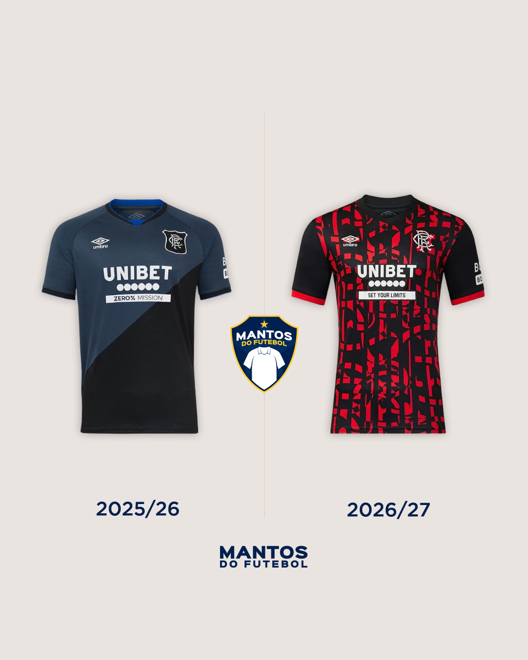 Terceira camisa do Rangers FC 2026-2027 Umbro Antes x Depois