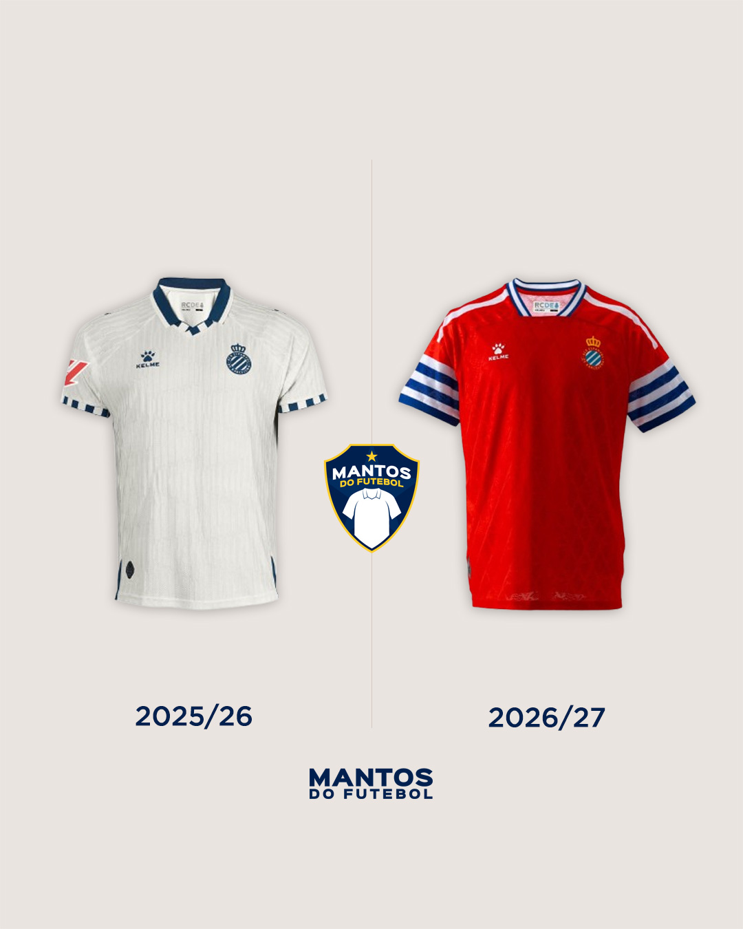 camisa reserva do Espanyol 2026-2027 Kelme Antes x Depois