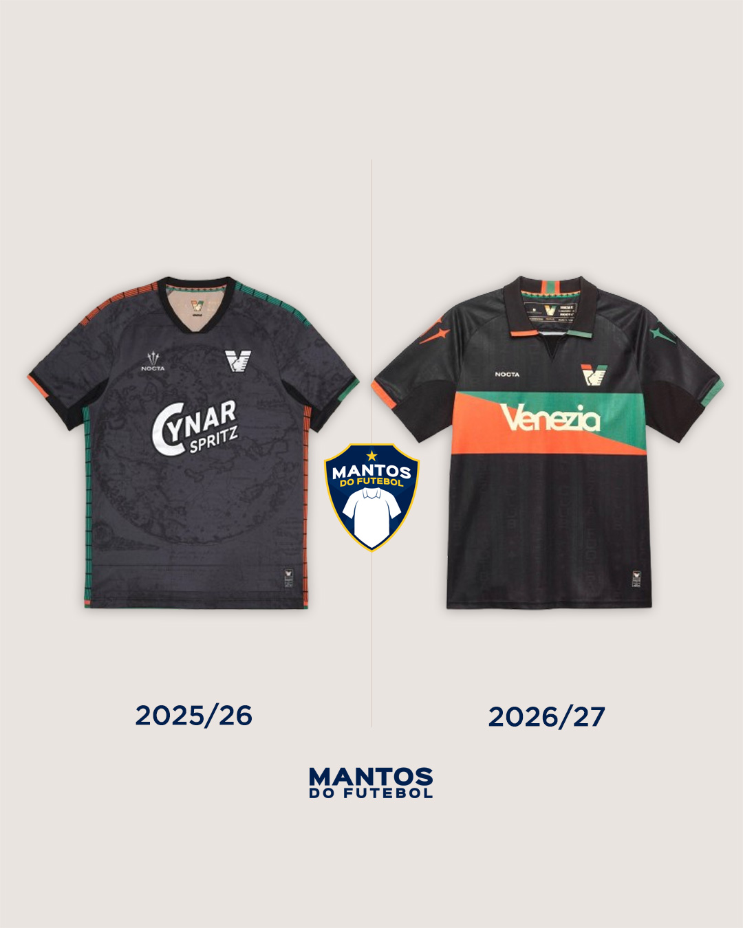 Camisa titular do Venezia FC 2026-2027 NOCTA - Antes x Depois