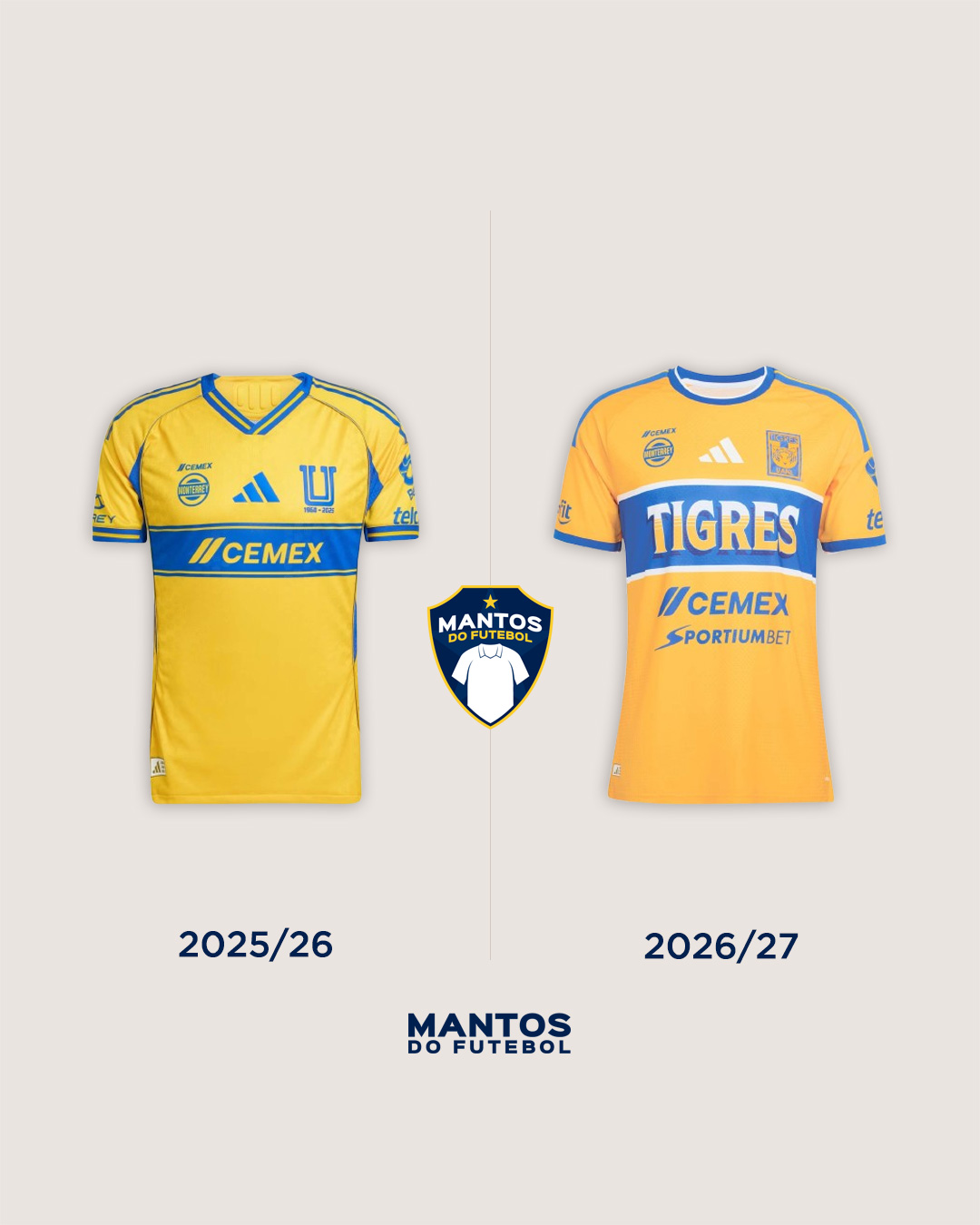 Camisa titular do Tigres 2026-2027 adidas - Antes x Depois