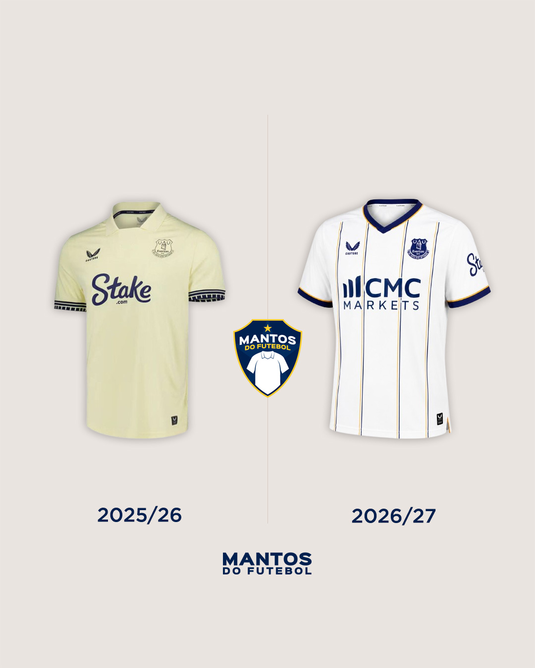 camisa reserva do Everton 2026-2027 Castore - Antes x Depois