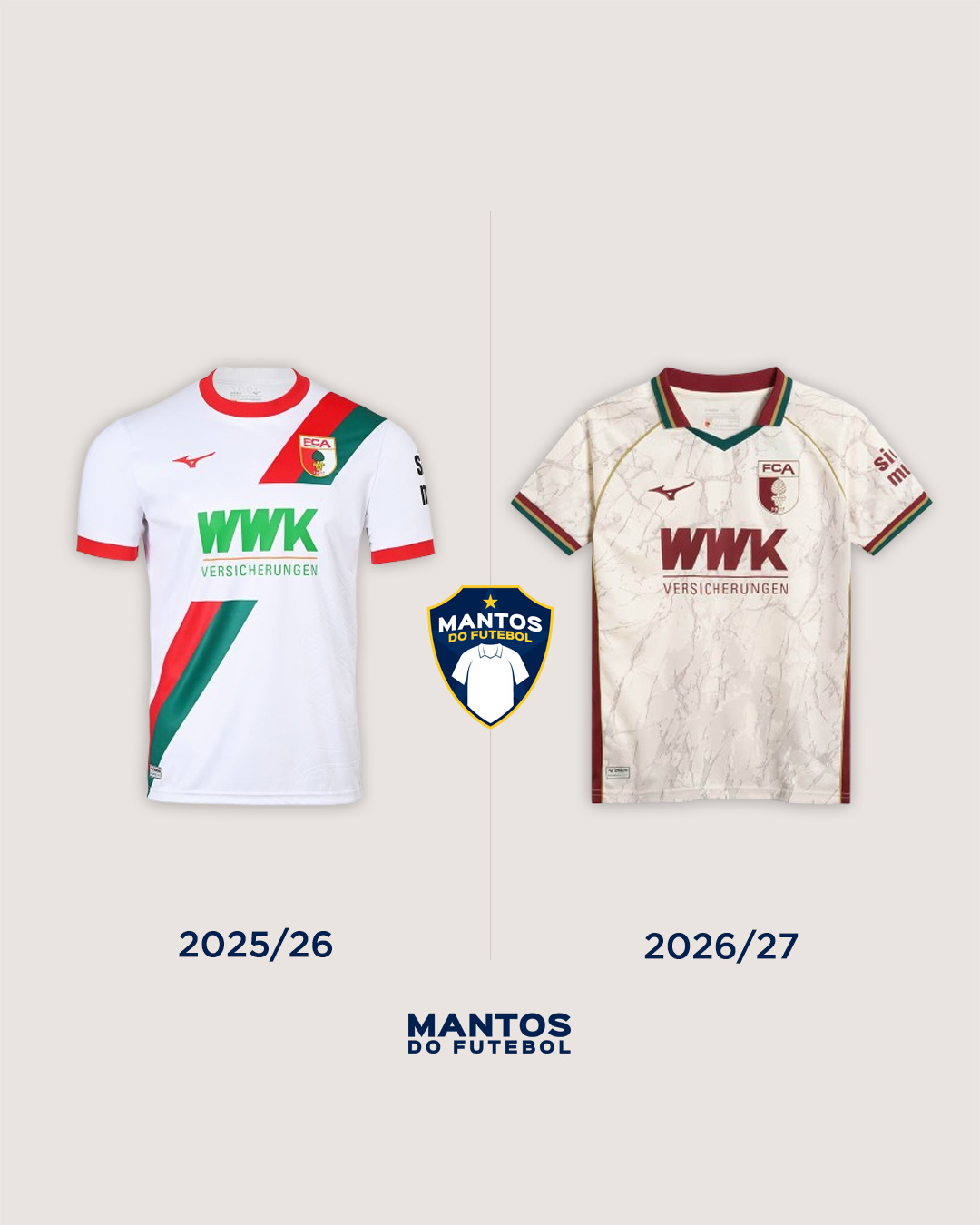 Camisa titular do FC Augsburg 2026-2027 Mizuno Antes x Depois
