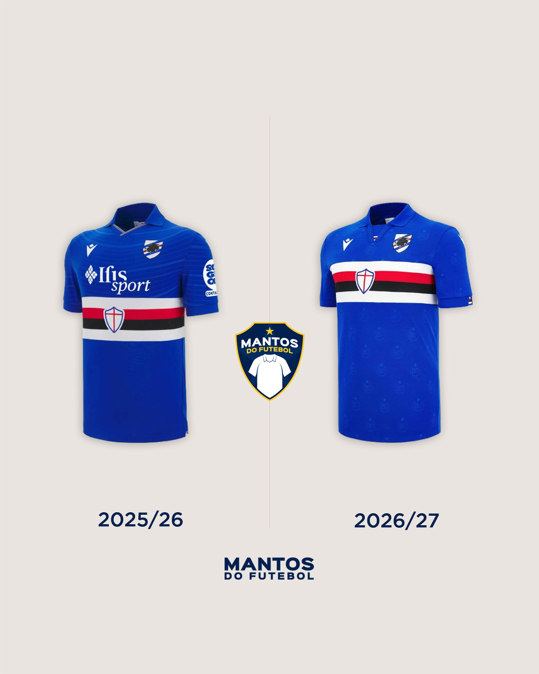 Camisa titular da Sampdoria 2026-2027 Macron Antes x Depois