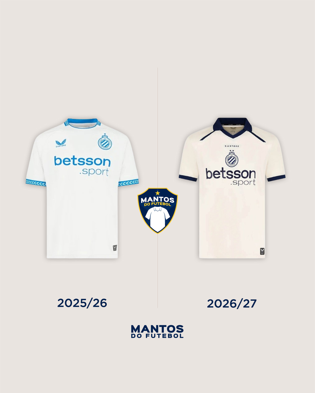 Camisa reserva do Club Brugge 2026-2027 Castore Antes x Depois