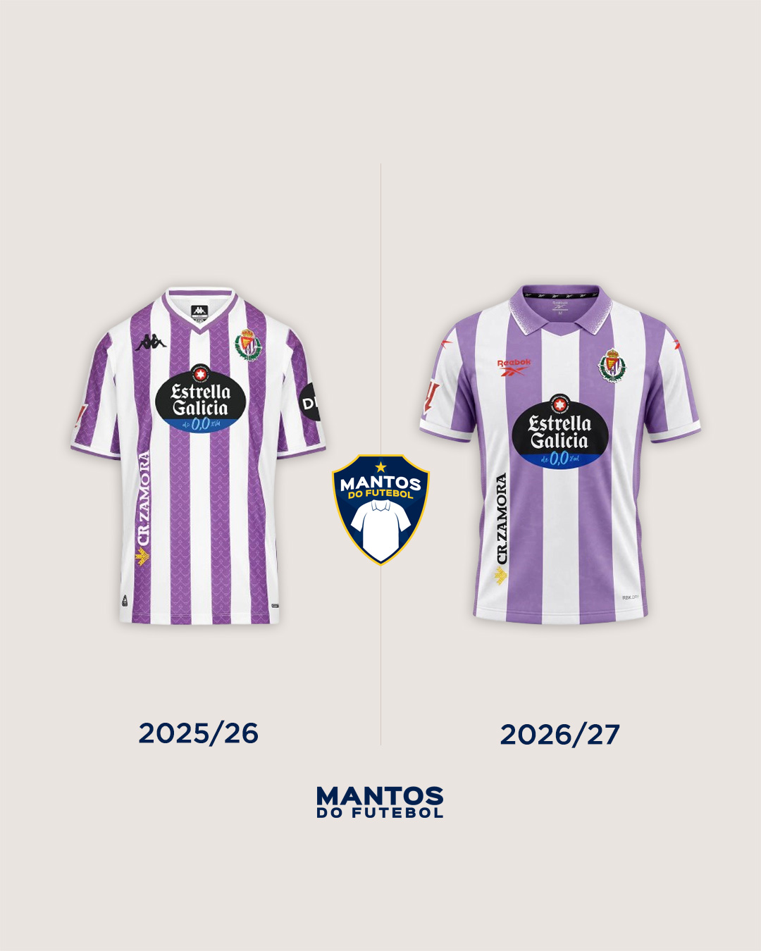 Camisa titular do Real Valladolid 2026-2027 Reebok Antes e Depois