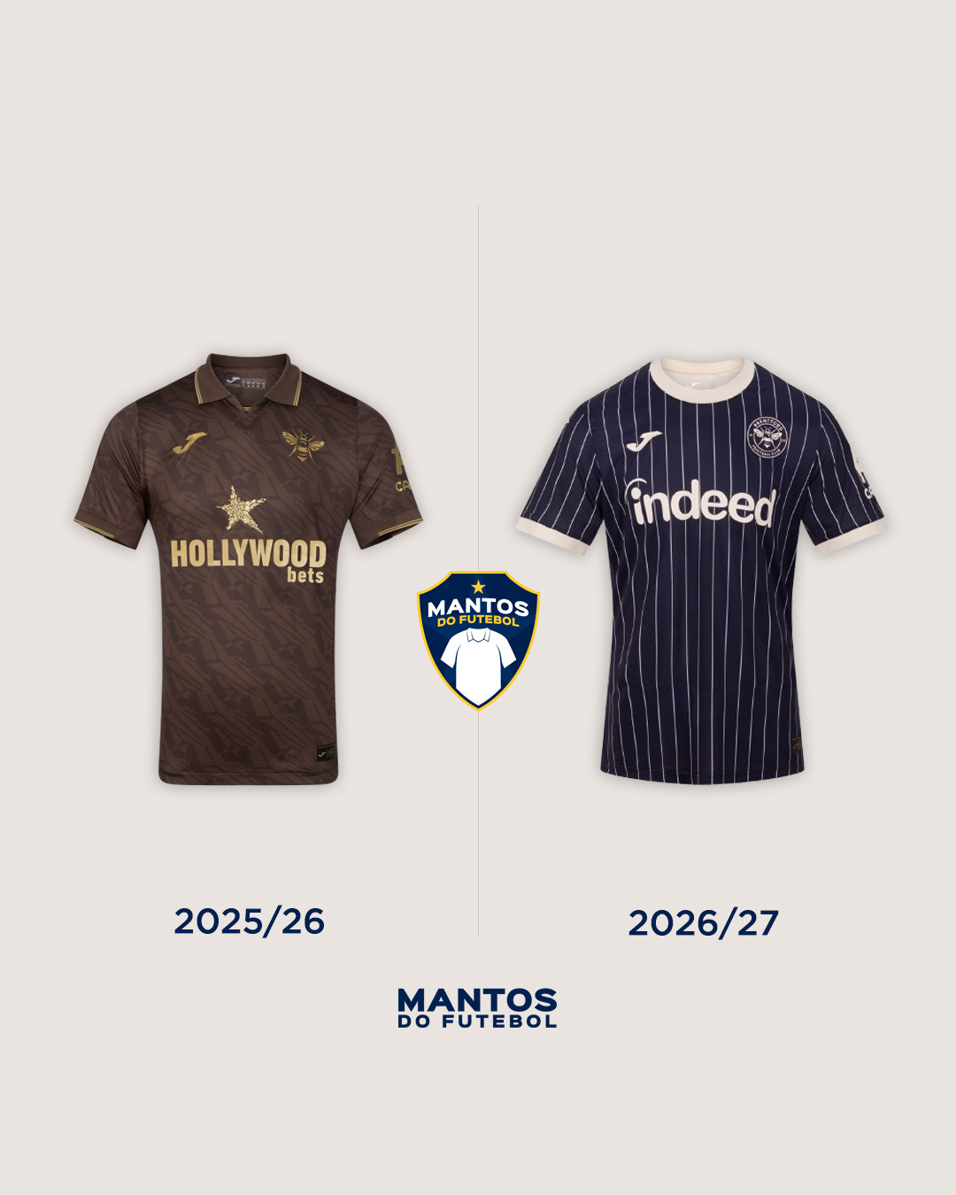 Nova camisa reserva do Brentford FC 2026-2027 JOMA Antes x Depois